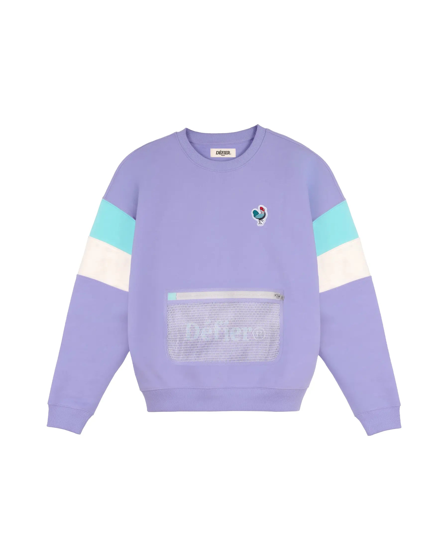 Défier Heritage Crew Neck Sweatshirt with Rooster Patch and Mesh Pocket in purple