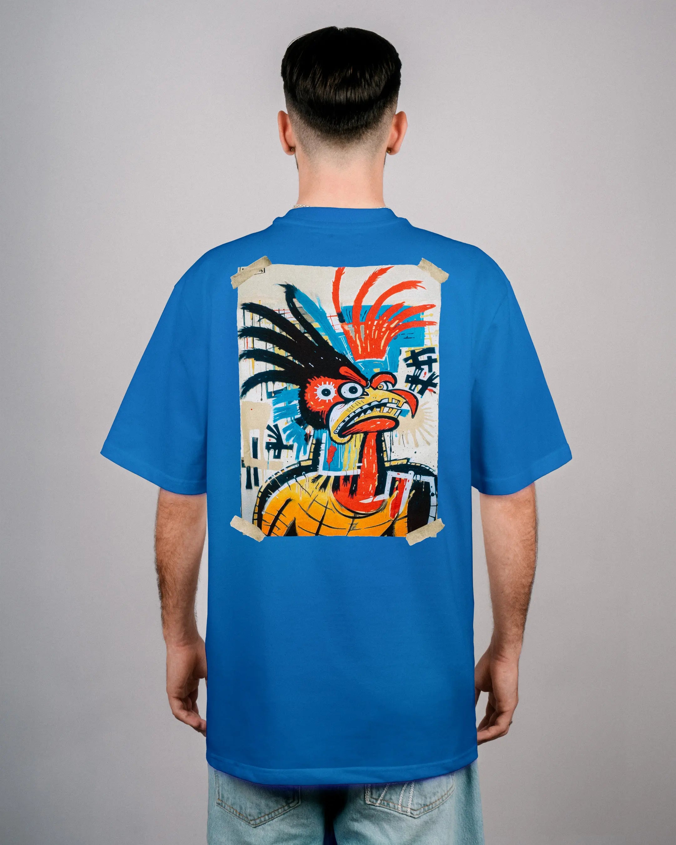 oversize T-Shirt by Défier with art style Rooster Backprint and soft cotton with Peach skin effect blue