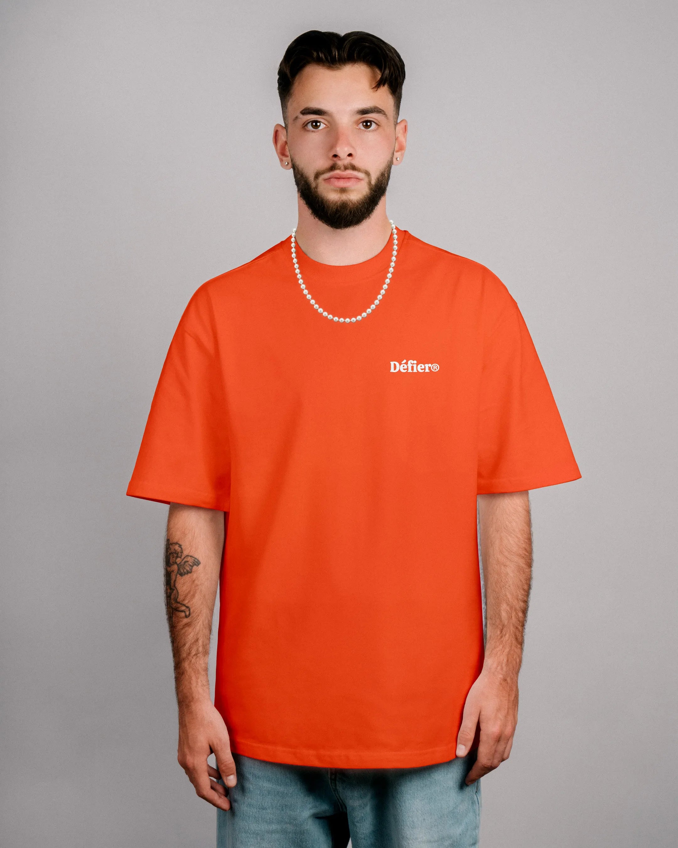 red-orange oversize T-Shirt by Défier with boxing Rooster Backprint and soft cotton with Peach skin effect